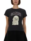 Ganni Women Black T-shirt With Round Neck And Maxi Logo On The Front In Cotton Woman