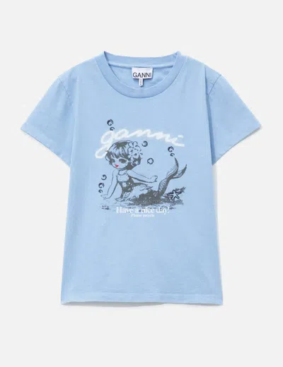Ganni Baby Fit T-shirt With Mermaid In Blue