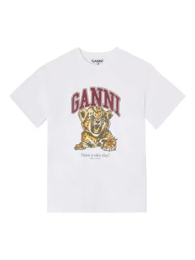 Ganni Womens Bright White Tiger-print Round-neck Cotton-jersey T-shirt Xl