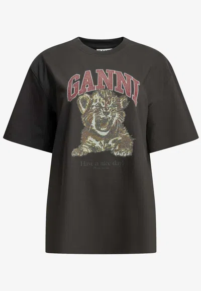 Ganni Baby Tiger Print T-shirt In Black