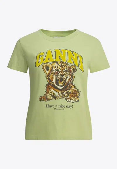 Ganni Baby Tiger Printed T-shirt In Green