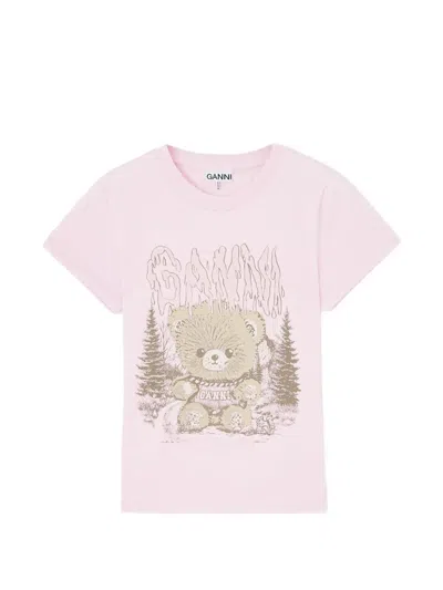 Ganni Baby-fit T-shirt With Forest Teddy In Pink