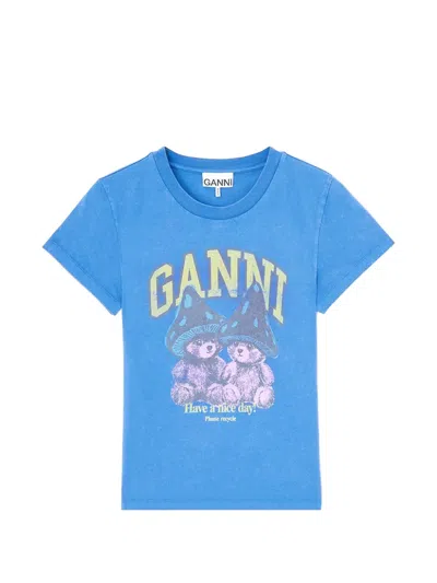 Ganni Baby-fit T-shirt With Mushroom Teddy In Blue