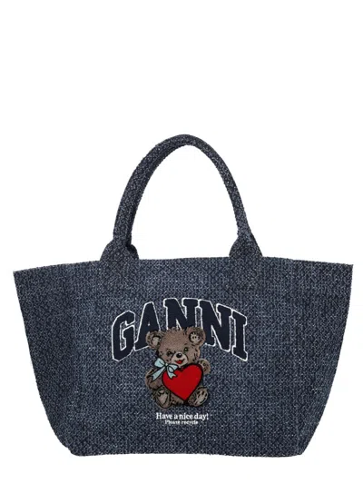 Ganni Rinse Denim Medium Bear Tote In Blue