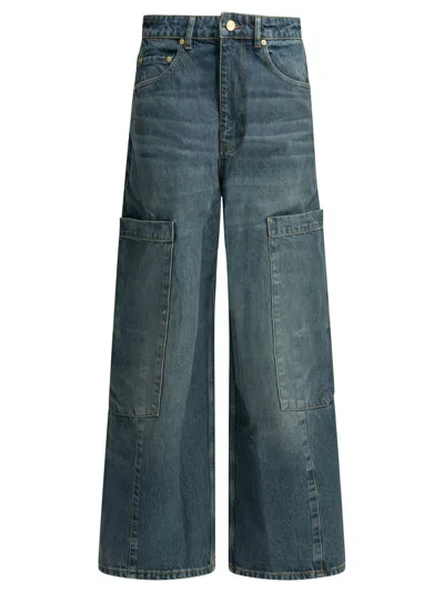 Ganni "baggy Cargo" Wide Leg Jeans In Blue