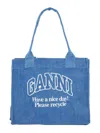 Ganni Denim Tote Bag With Logo In Blue