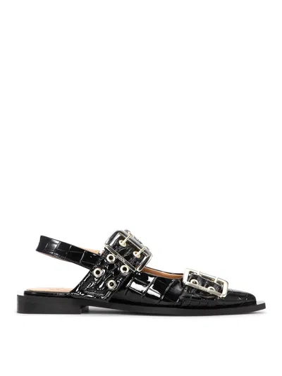 Ganni Embossed Patent Feminine Buckle Ballerinas In Black