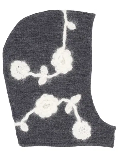 Ganni Balaklava With Crocheted Flowers In Gray