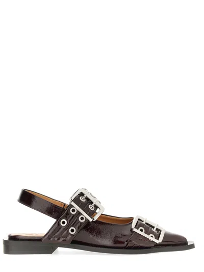 Ganni Black Croco Print Slingback Ballet Flat Shoe With Buckles In Red