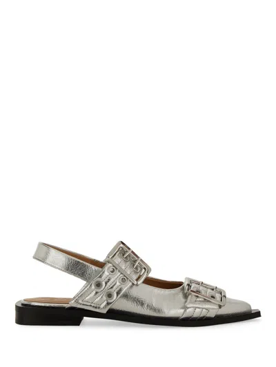 Ganni Buckle Detail Ballet Flat In Silver