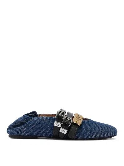 Ganni Ballerinas In Denim With Logo In Blue