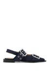 Ganni Buckled Eyelet-embellished Recycled Denim Ballet Flats