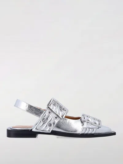 Ganni Silver Slingback Ballet Flat Shoe With Buckles In Grey