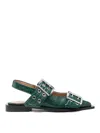 Ganni Embellished Glossed Recycled Point-toe Slingback Flats In Green