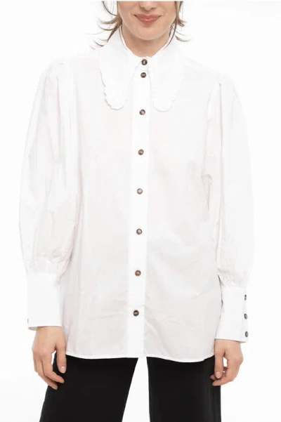 Ganni Balloon Sleeve Poplin Cotton Shirt In White