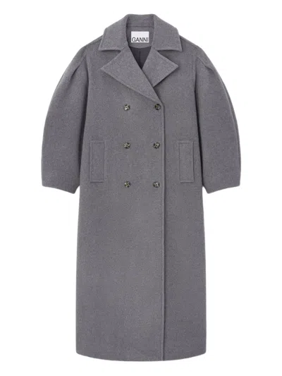 Ganni Double-breasted Wool-blend Peacoat In Gray