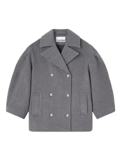 Ganni Balloon-sleeves Double-breasted Coat In Gray
