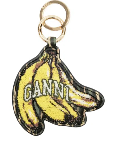 Ganni Multicolor Banana Shaped Keyring With Logo Lettering On The Front In Leather And Tech Fabric Woman In Metallic