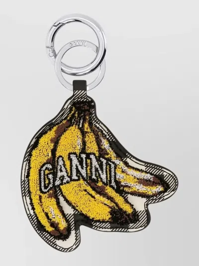 Ganni Banana Motif Checkered Pattern Keyring Accessory In Yellow