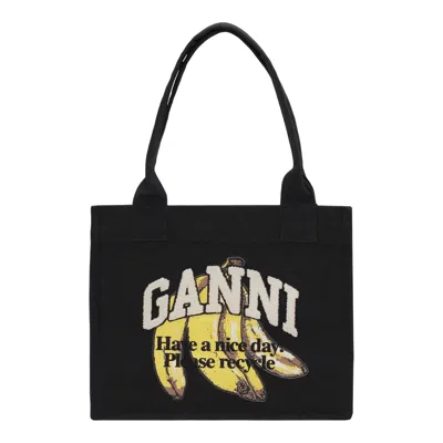 Ganni Banana Print Tote Small In Black