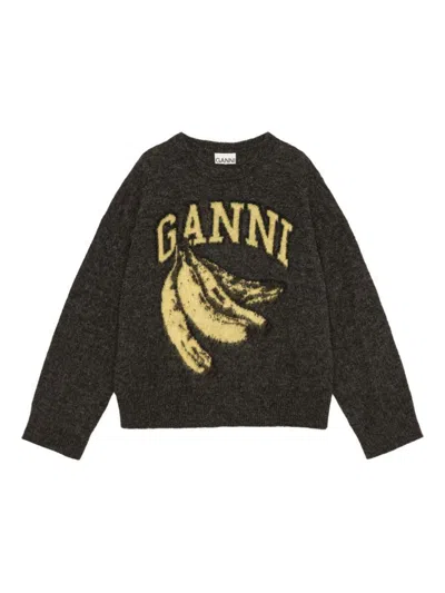 Ganni Banana Graphic Sweater Donna Grey In Black