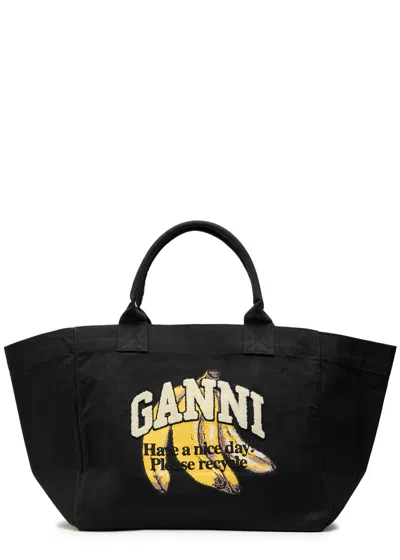 Ganni Banana Xxl Printed Shopper Canvas Tote