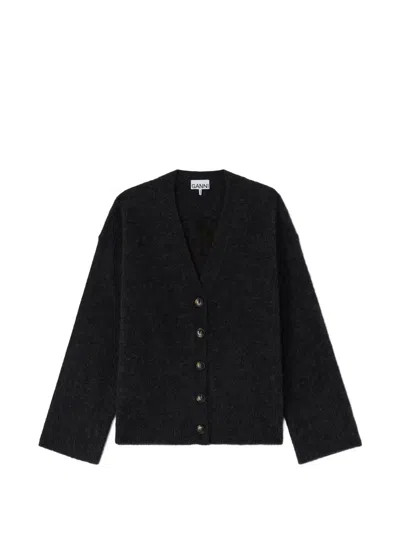 Ganni Banana-intarsia V-neck Cardigan In Gray