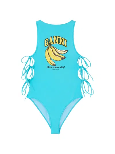 Ganni Banana-print Lace-up Swimsuit In Blue