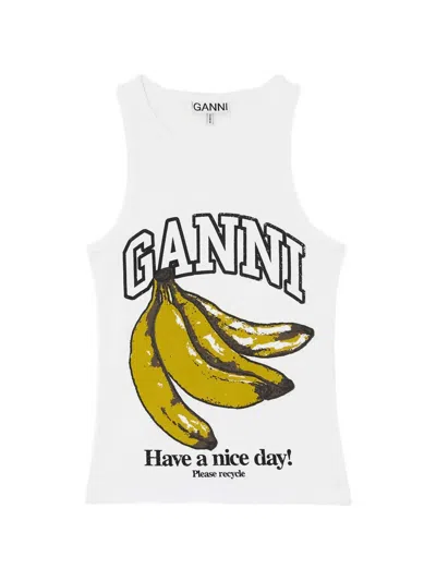 Ganni Banana Graphic Ribbed Tank Top In White