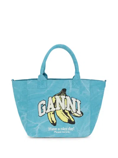 Ganni Banana-print Tote Bag In Blue