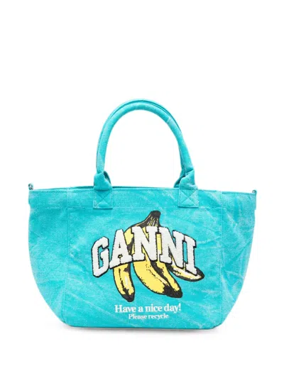 Ganni Banana-print Tote Bag In Blue