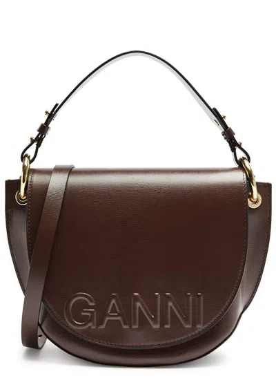 Ganni Banner Leather Saddle Bag In Metallic