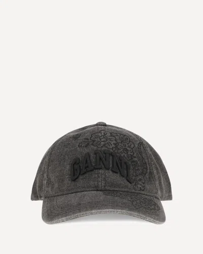 Ganni Baseball Cap In Embroidered Denim In Gray