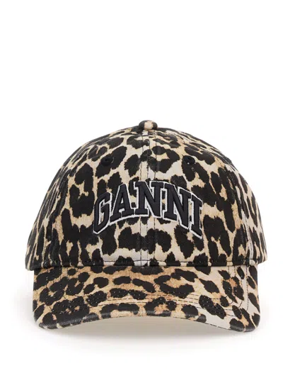 Ganni Baseball Hat With Logo In Animal Print