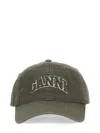 Ganni Green Baseball Cap With Logo Lettering Embroidery On The Front And Logo Patch On The Rear In Cotton  In Gray