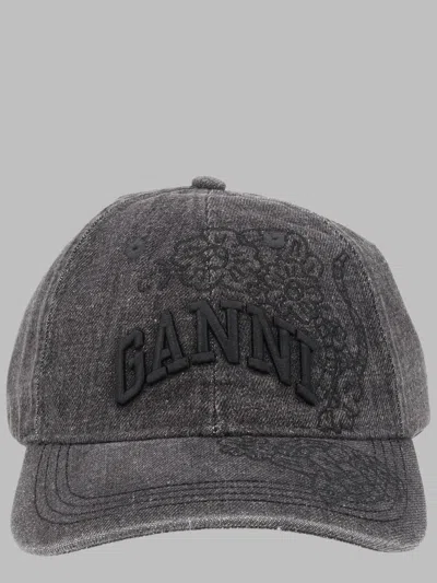 Ganni Baseball Hat With Ricami Stitching In Gray