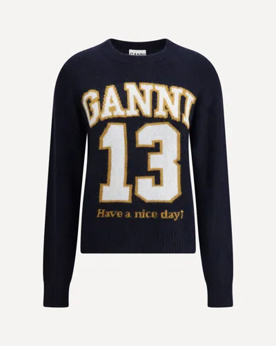 Ganni Women Logo Graphic Baseball Wool Mix Sweater In Blue