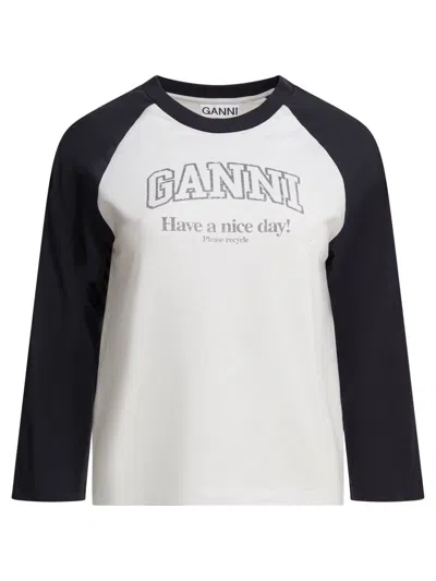 Ganni Baseball Graphic Raglan Crew Neck T-shirt In White