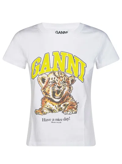 Ganni Basic Cotton Baby-fit Tiger T-shirt In Bianco
