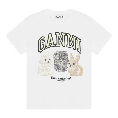 Ganni Basic Cotton Jersey Animal Print Relaxed Fit T-shirt In White