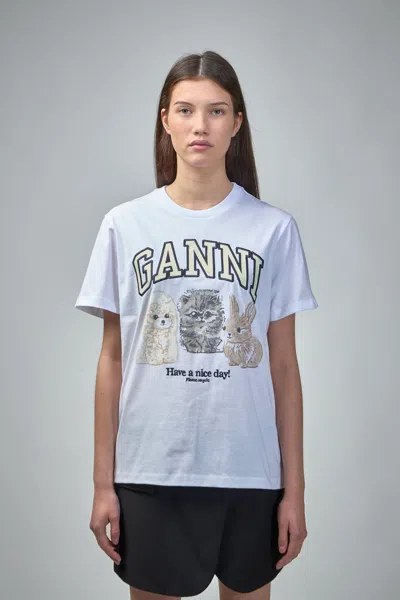 Ganni Womens Chambray Blue Printed Round-neck Cotton-jersey T-shirt