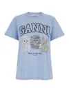 Ganni Light Blue Crewneck T-shirt With Maxi Logo On The Front In Cotton Woman In Blue
