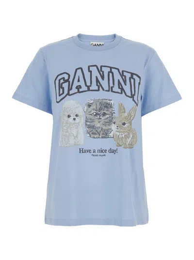 Ganni Basic Cotton Jersey Animals Relaxed T-shirt In Blue