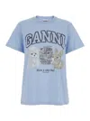 Ganni Light Blue Crewneck T-shirt With Maxi Logo On The Front In Cotton Woman