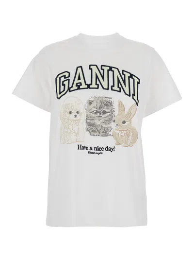 Ganni Women White Crewneck T-shirt With Maxi Logo On The Front In Cotton Woman In Multi