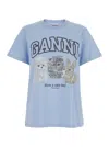 Ganni Light Blue Crewneck T-shirt With Maxi Logo On The Front In Cotton Woman