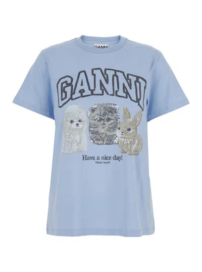 GANNI GANNI WOMEN LIGHT BLUE CREWNECK T-SHIRT WITH MAXI LOGO ON THE FRONT IN COTTON WOMAN