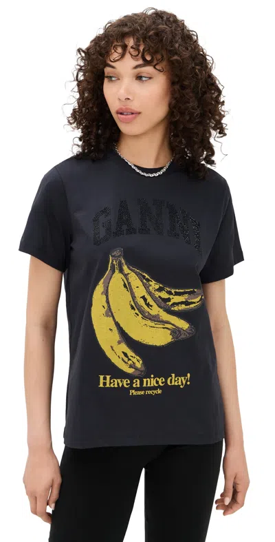Ganni Crew-neck Cotton T-shirt With Banana Print In Black
