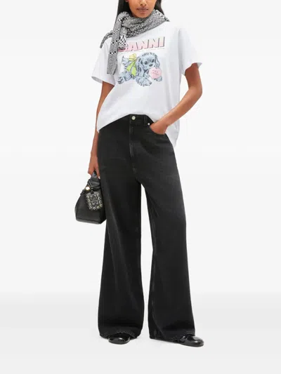 Ganni Basic Cotton Jersey Neon Puppy T-shirt In White