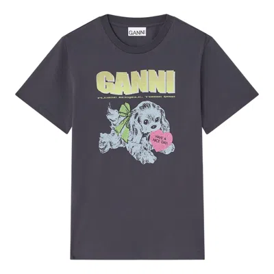 Ganni Basic Cotton Jersey Neon Puppy Tee In Gray